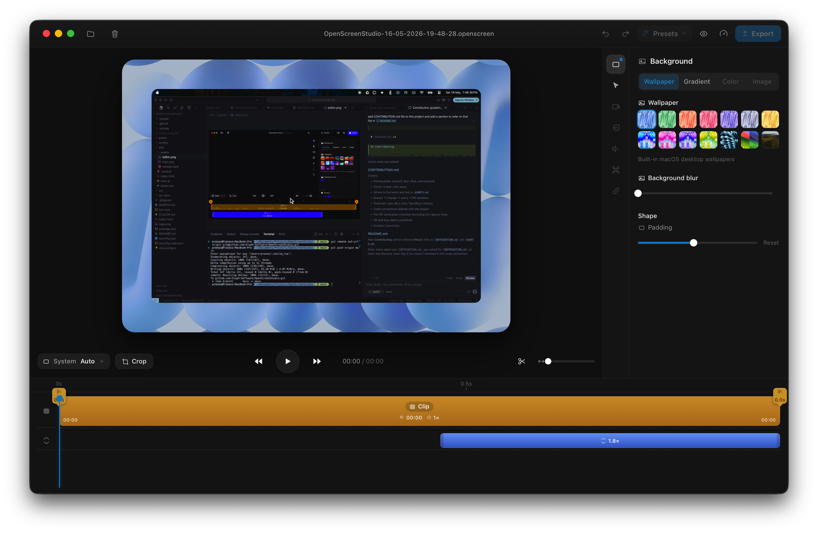 The OpenScreen Studio editor: viewport, inspector, timeline with zoom blocks